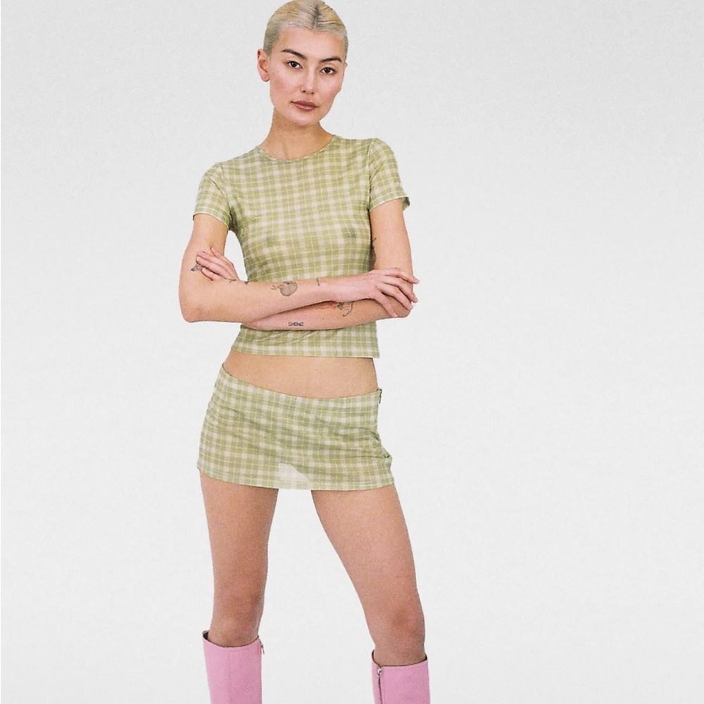 MIAOU Mini Tee & Fig Skirt in Baby Plaid Limon